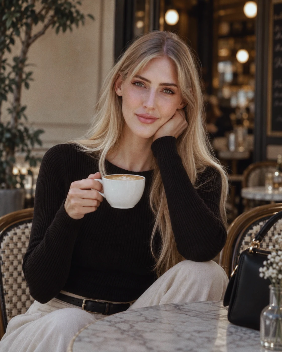 Lucinda holding a cup of coffee at a café